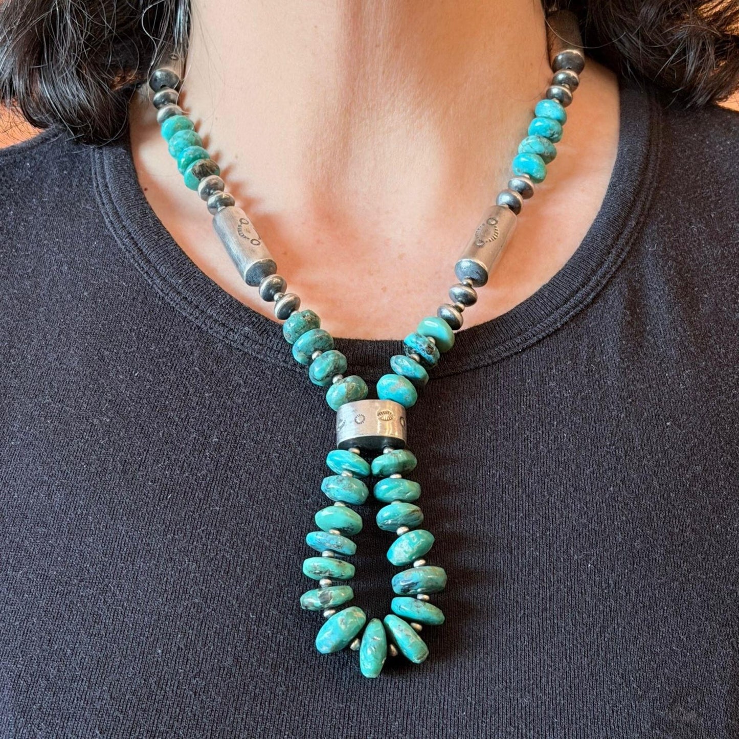 Sterling Silver Southwestern Style Turquoise Disk Beads &Starling Beads 20" Necklace For Women #1