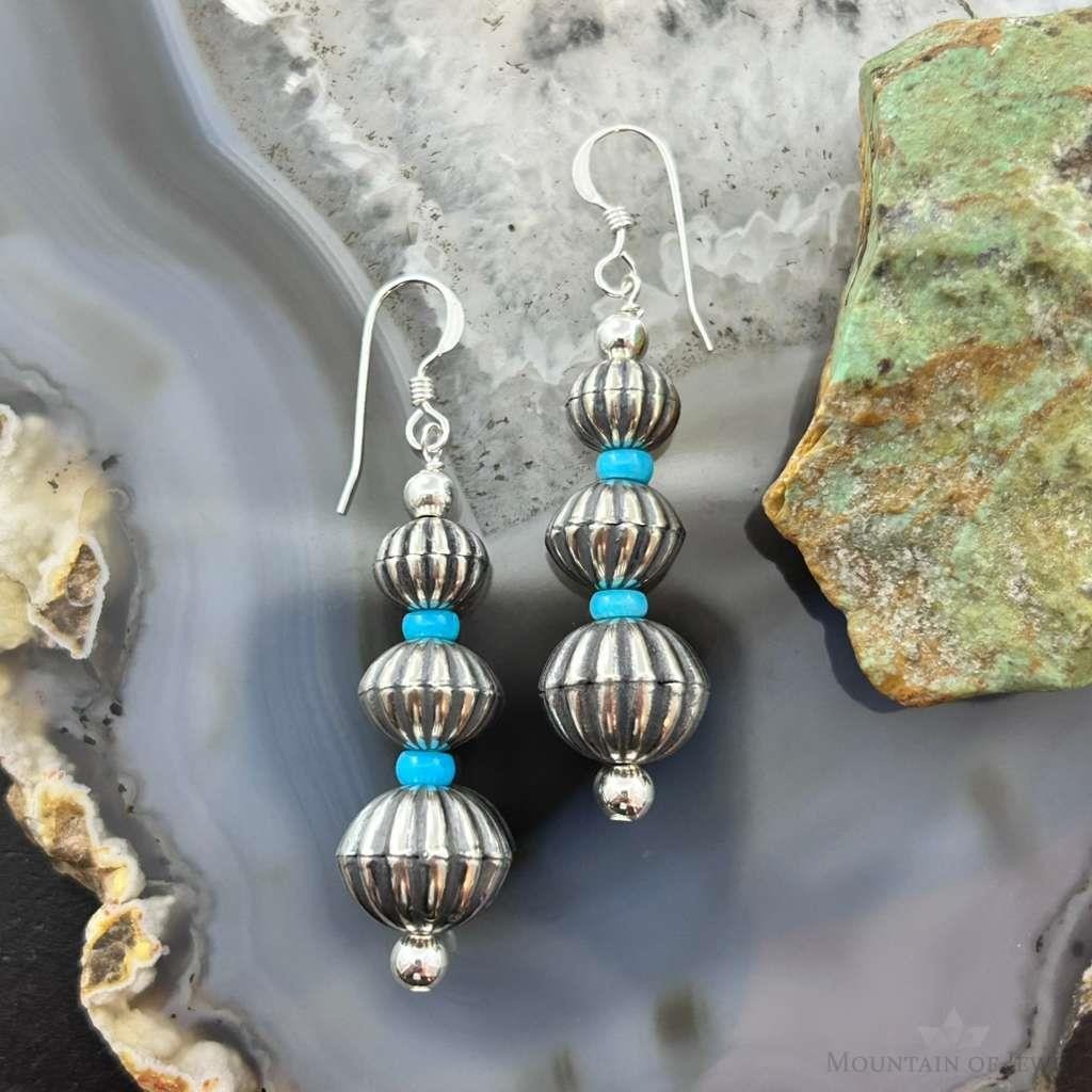 Native American Sterling Silver Grooved Saucer Pearl Beads w/Turquoise Dangle Earringsn For Women