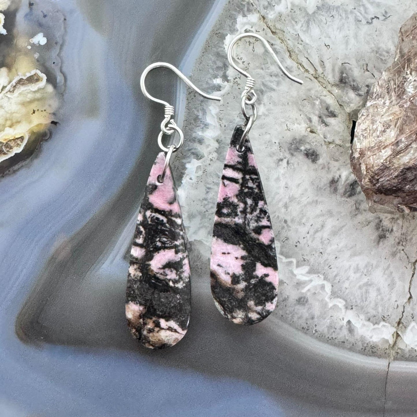 Sterling Silver Elongated Teardrop Rhodonite Slab Dangle Earrings For Women #233