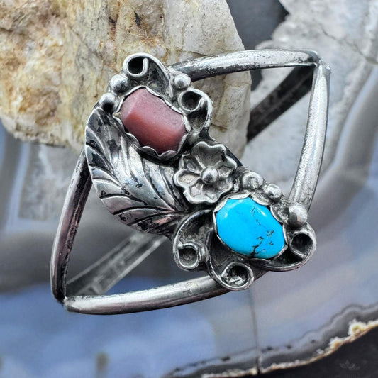 Vintage Native American Silver Turquoise & Coral Decorated Bracelet For Women