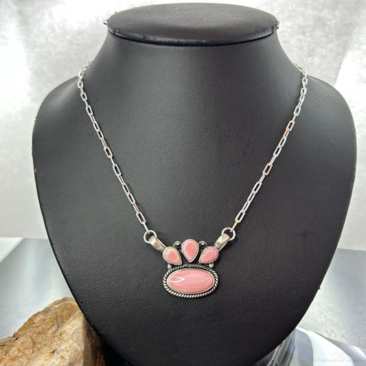 Native American Sterling Silver Teardrop & Oval Pink Conch Pendant W/Necklace For Women
