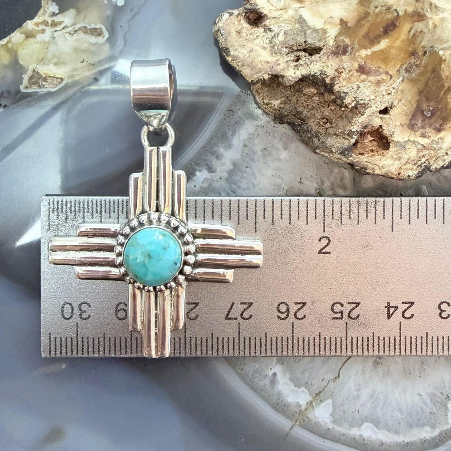 Sterling Silver Southwestern Style Rounded Mohave Turquoise Unisex Zia Pendant