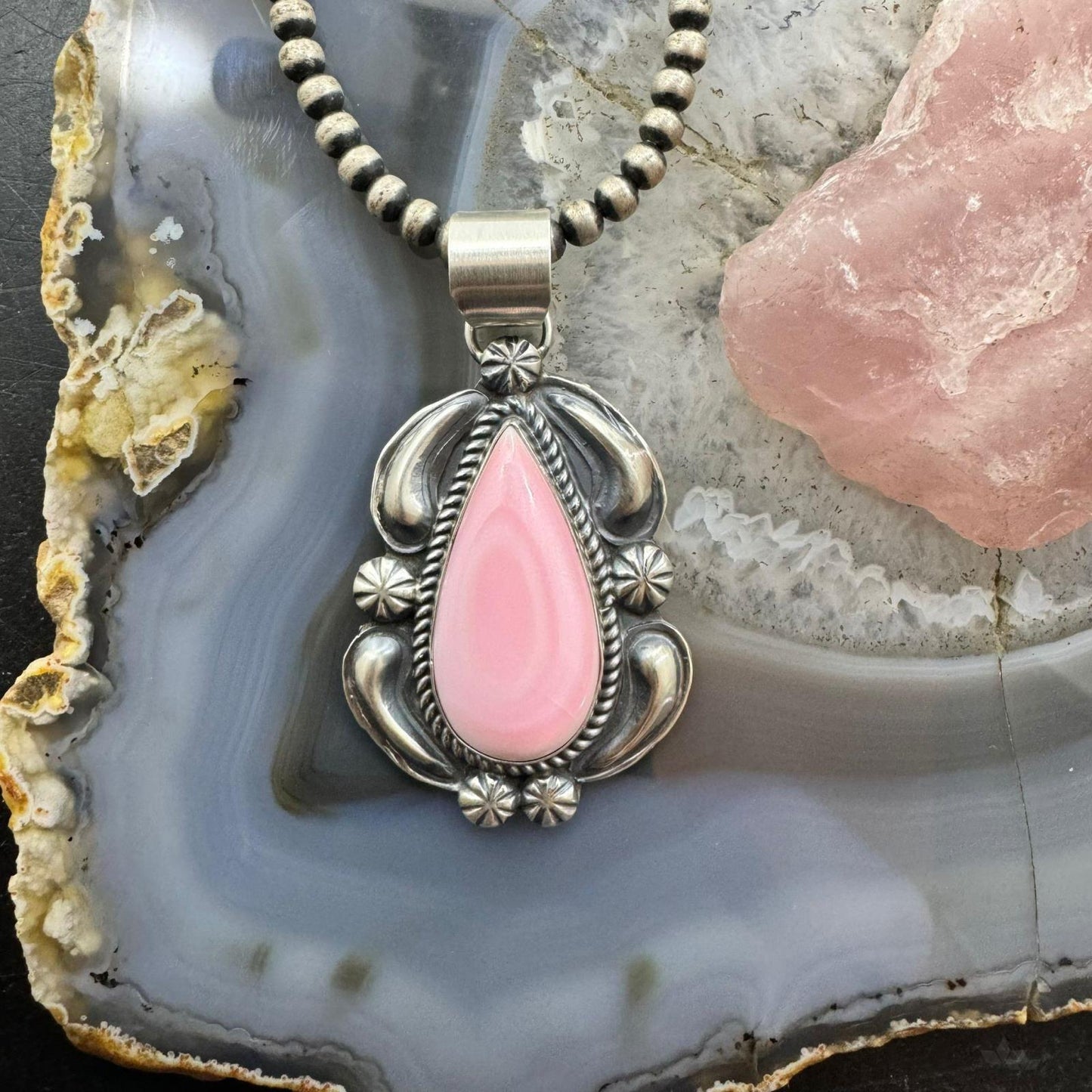 Jeff James Native American Sterling Silver Teardrop Pink Conch Pendant For Women