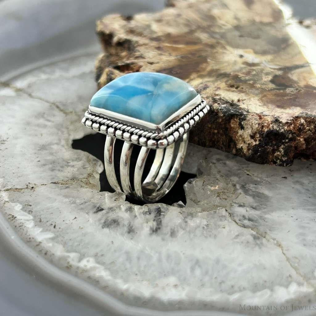Sterling Silver Southwestern Style Larimar Decorated Bar Ring Size 7.5 For Women