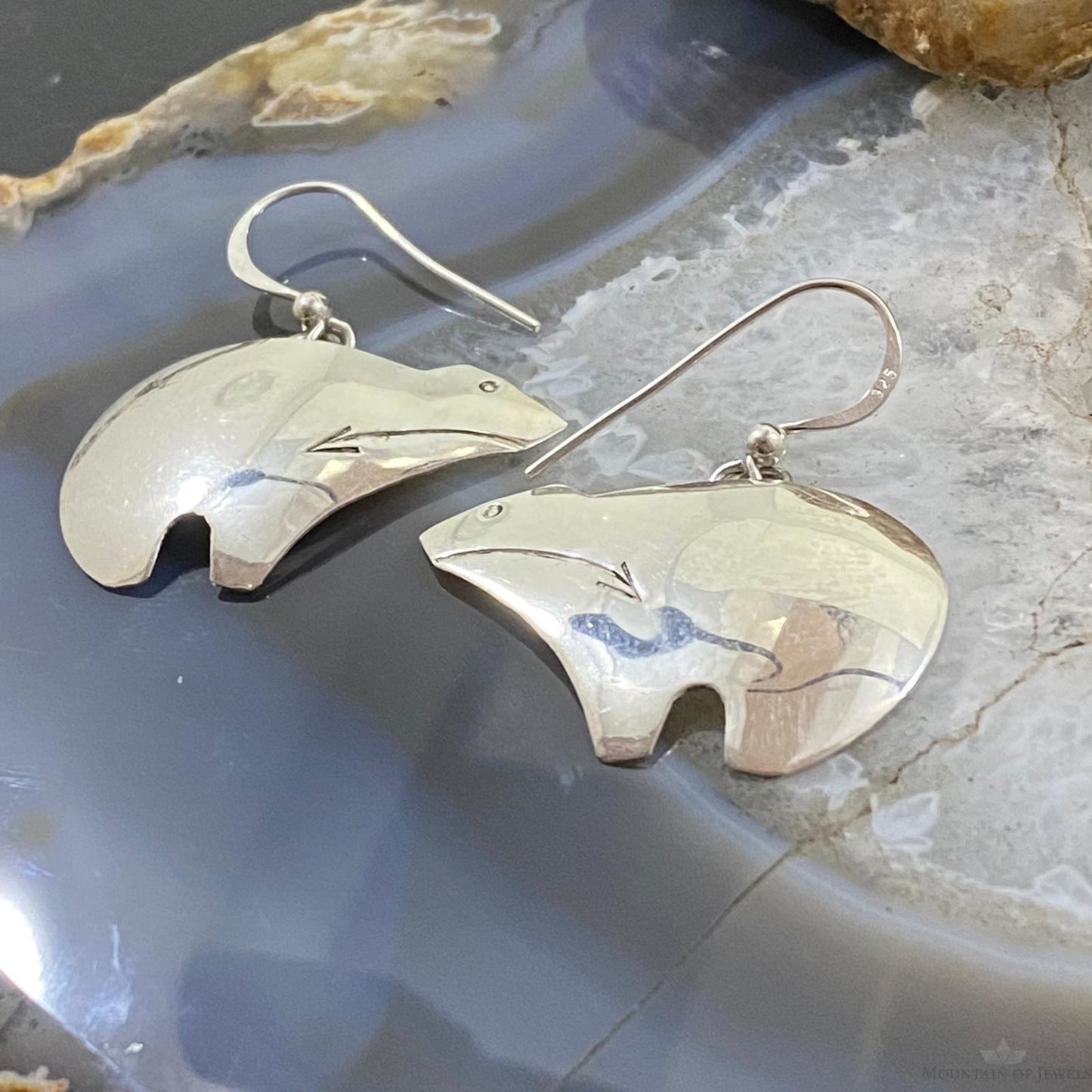 Native American Sterling Silver Fetish Bear Dangle Earrings For Women