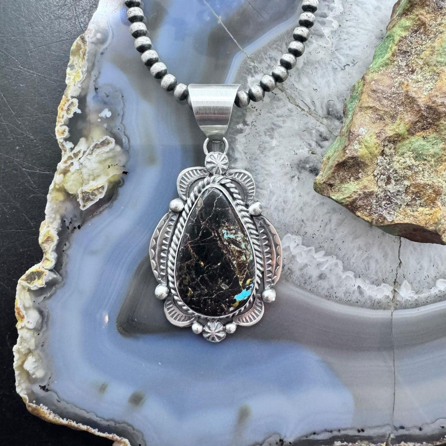 Juanita Long Native American Sterling Silver Teardrop Black Jack Decorated Unisex Pendant