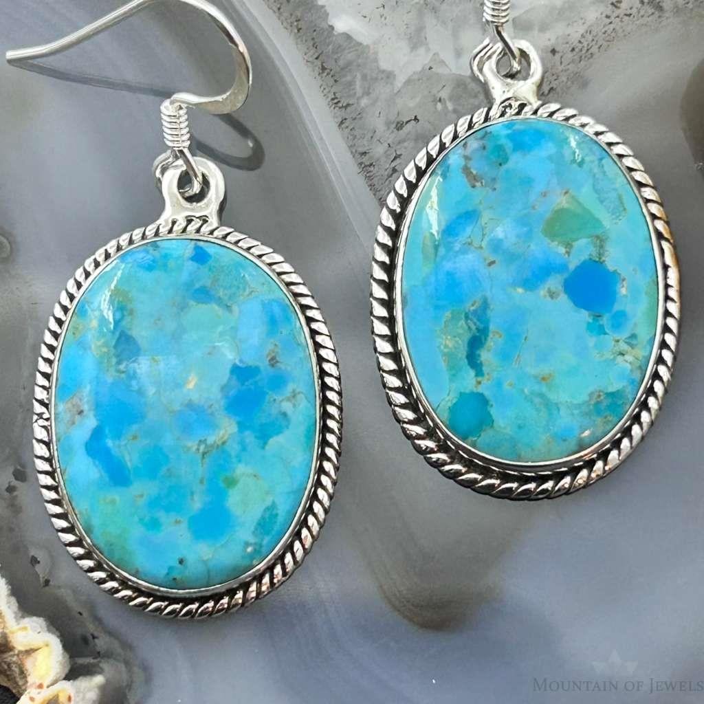 Sterling Silver Southwestern Style Oval Mojave Turquoise Dangle Earrings For Women