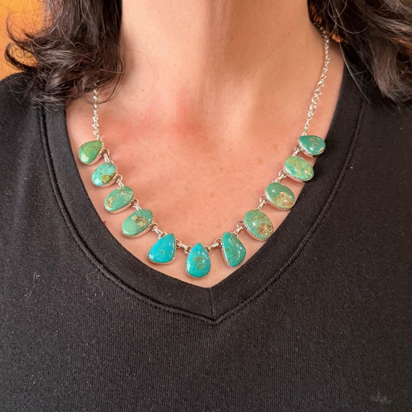 Sterling Silver Southwestern Style Teardrop & Oval Turquoise 20" Necklace For Women