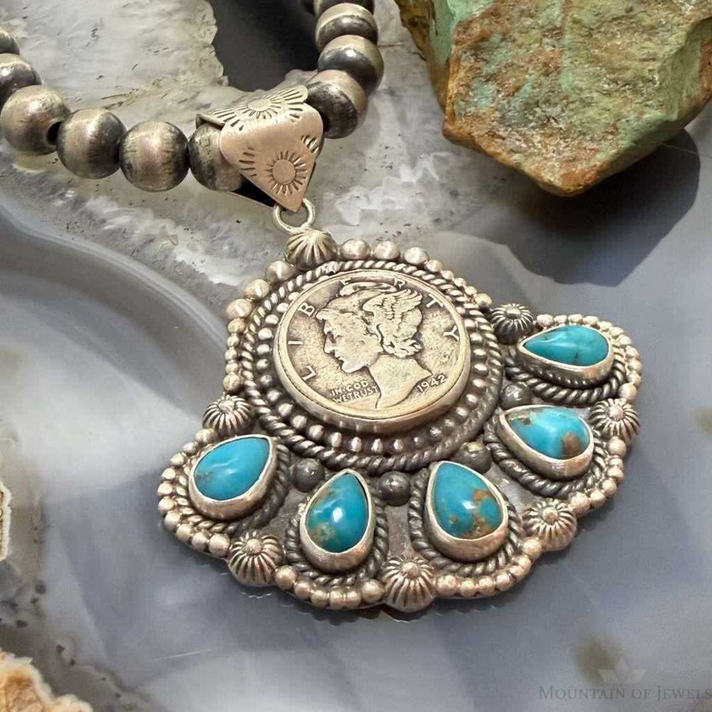 Sterling Silver Southwestern Style 1942 Mercury Dime & Kingman Turquoise Pendant