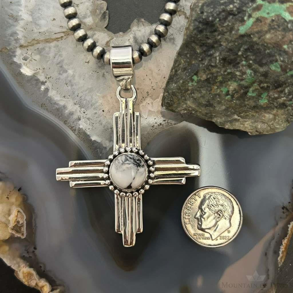 Sterling Silver Southwestern Style Rounded White Buffalo Unisex Zia Pendant
