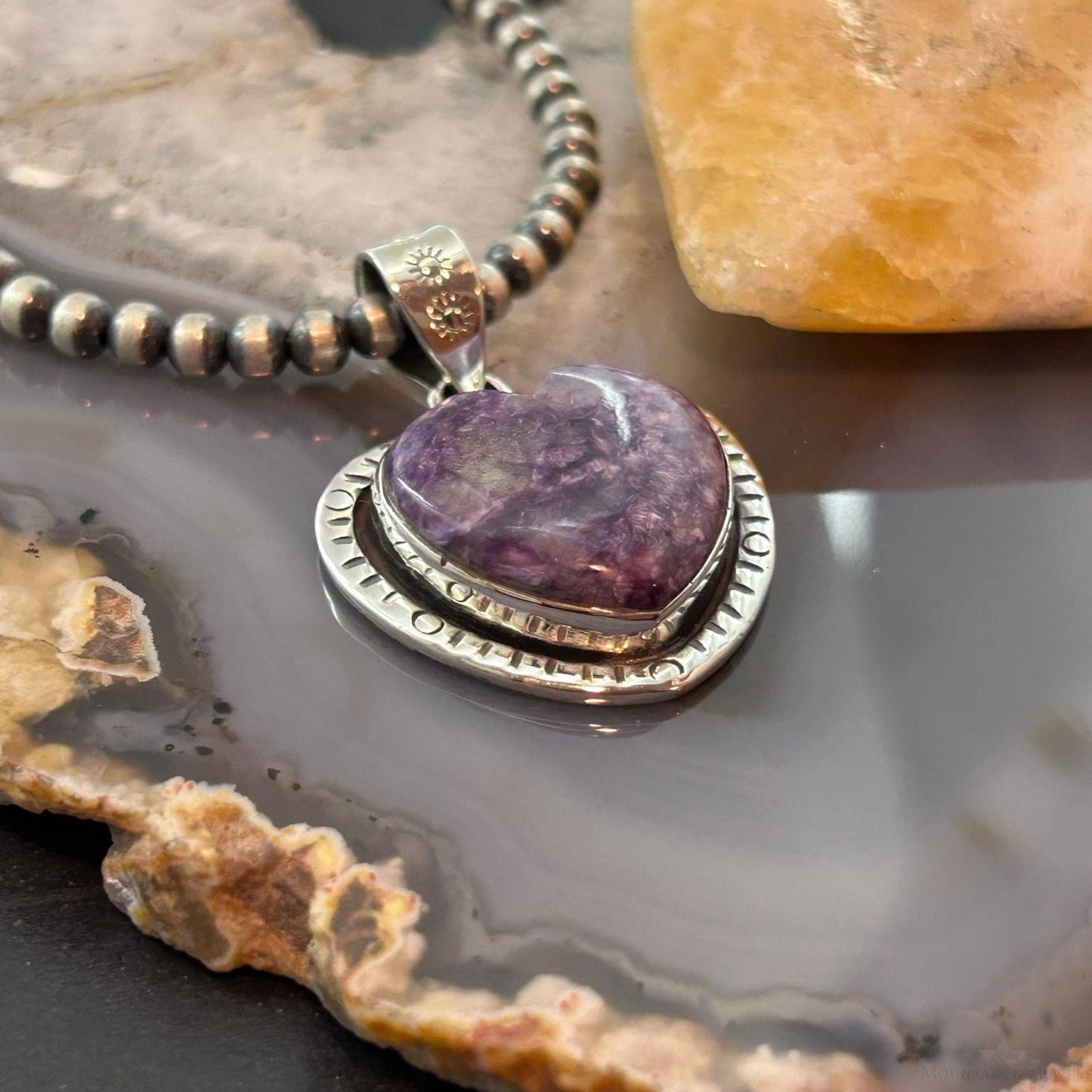 Sterling Silver Southwestern Style Charoite Decorated Heart Pendant For Women #1