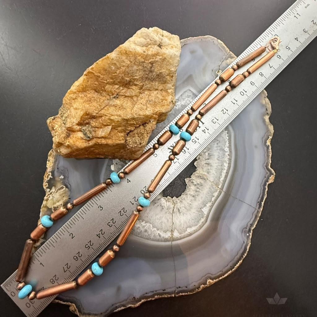Southwestern Style 5-6mm Copper Navajo Pearl Round & Cylinder w/Royal Beauty Turquoise 20" Necklace For Women