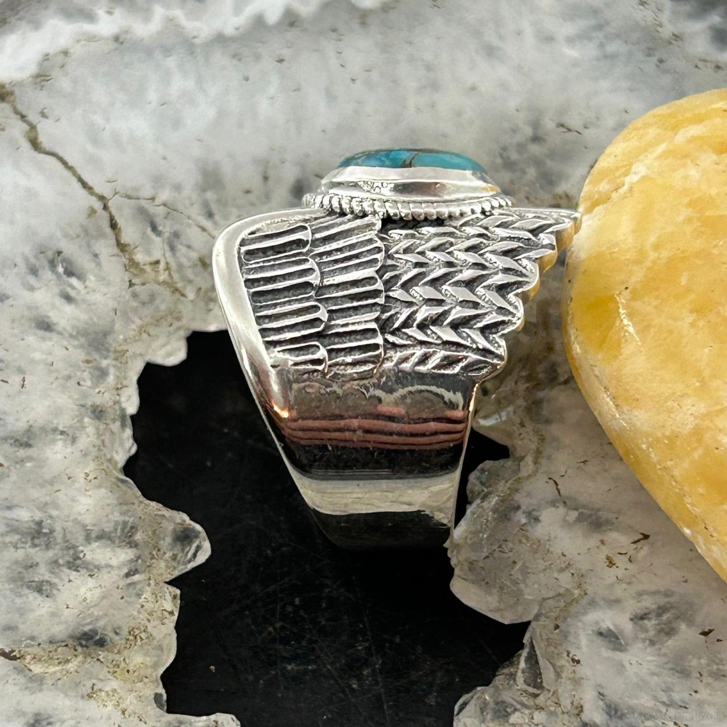 Sterling Silver Southwestern Style Copper Turquoise Unisex Wing Ring Size 9