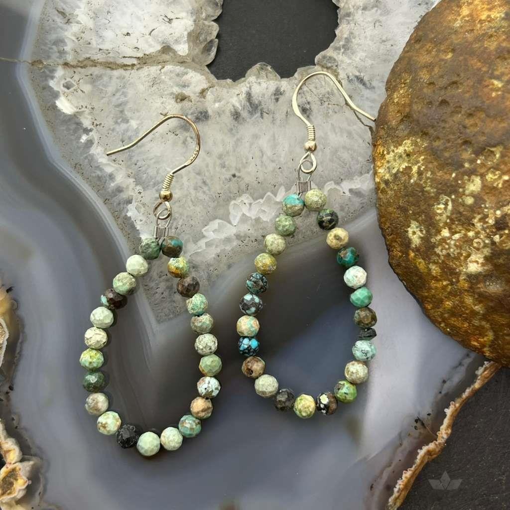 Sterling Silver Faceted Hubei Turquoise Hoop Dangle Earrings For Women