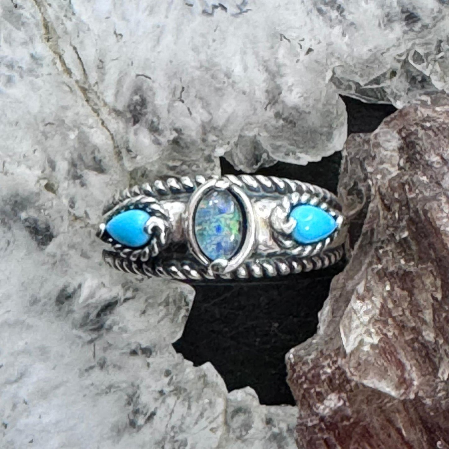 Carolyn Pollack Sterling Silver 2 Sleeping Beauty Turquoise & 1 Opal Ring For Women