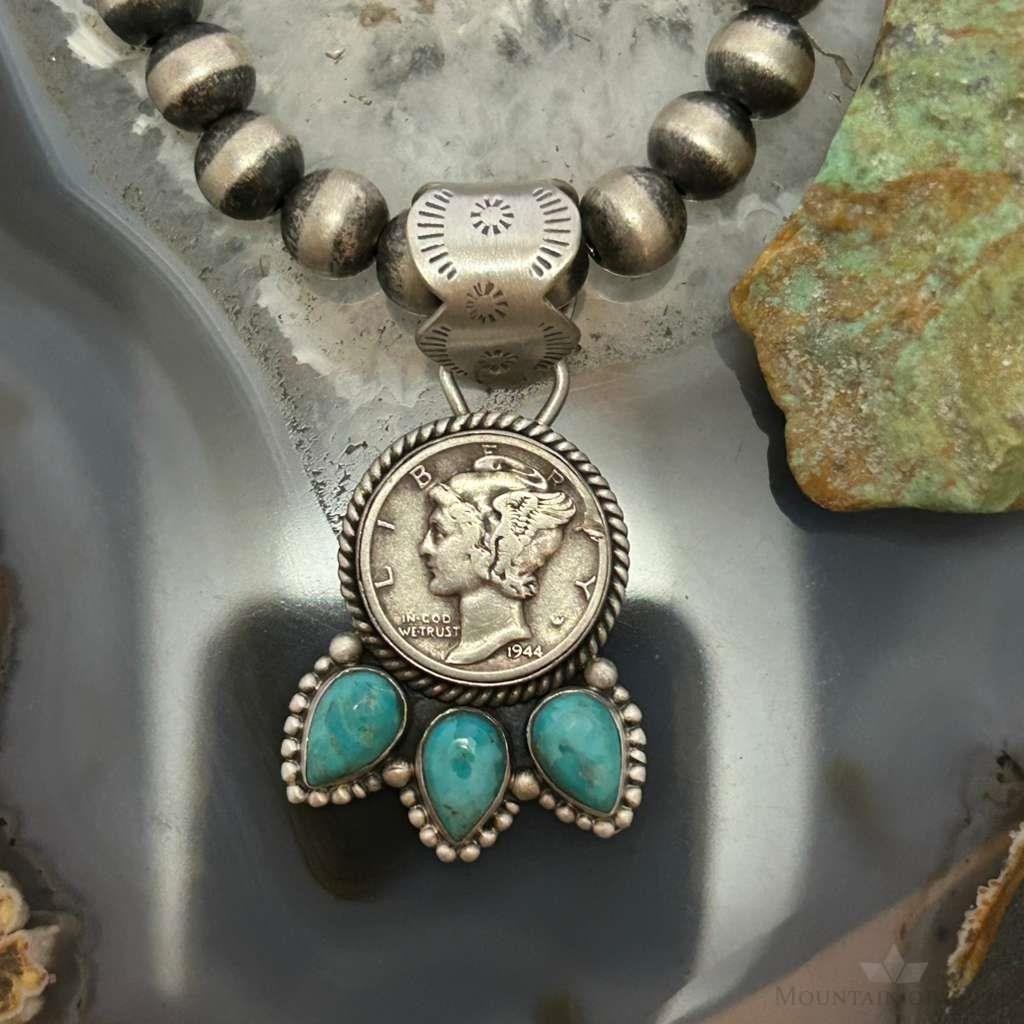 Genuine 1944 90% Silver Mercury Dime Coin Teardrop Mohave Turquoise Unisex Pendant
