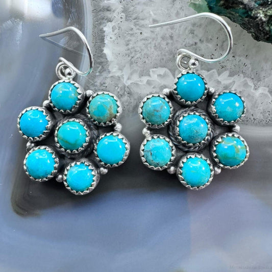 Native American Sterling Kingman Turquoise Cluster Dangle Earrings For Women