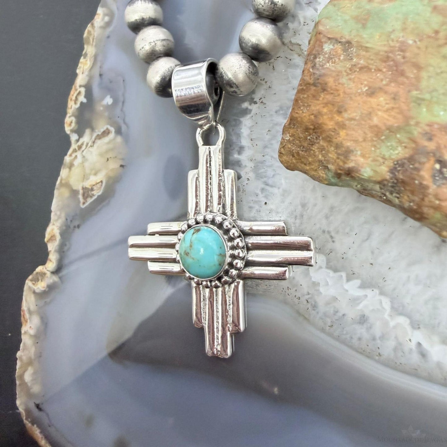 Sterling Silver Southwestern Style Rounded Mohave Turquoise Unisex  Zia Pendant #1