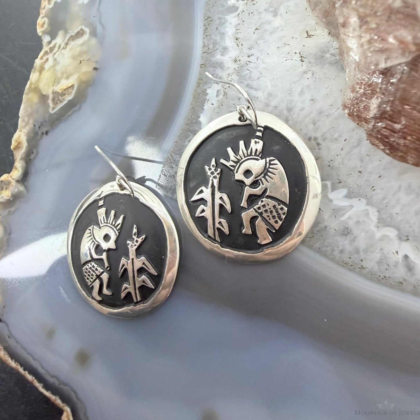 Tommy & Rosita Singer Sterling Silver Overlay Kokopelli Dangle Earrings For Women