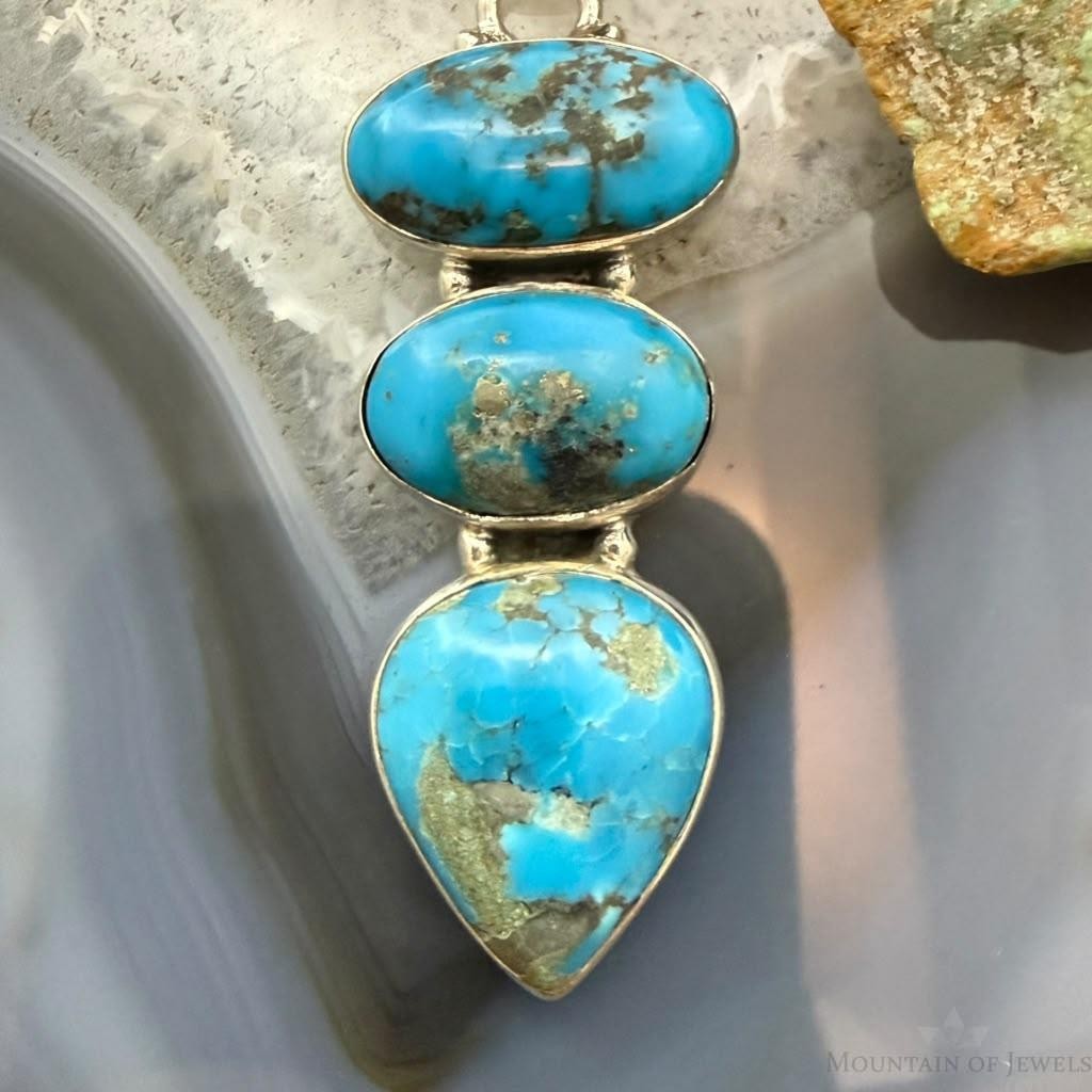 Sterling Silver Southwestern Style 3 Kingman Turquoise Pendant For Women