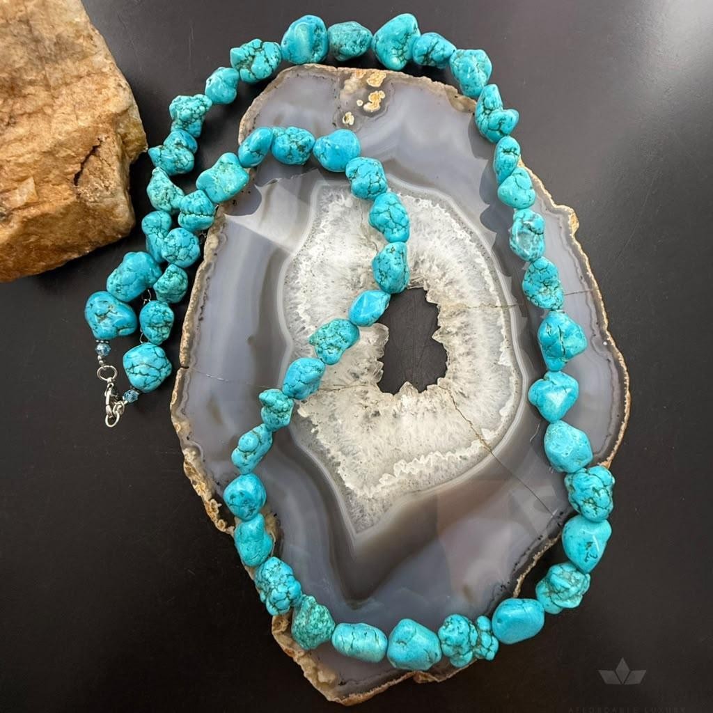 Vintage Native American Rough Natural Turquoise 29" Necklace For Women