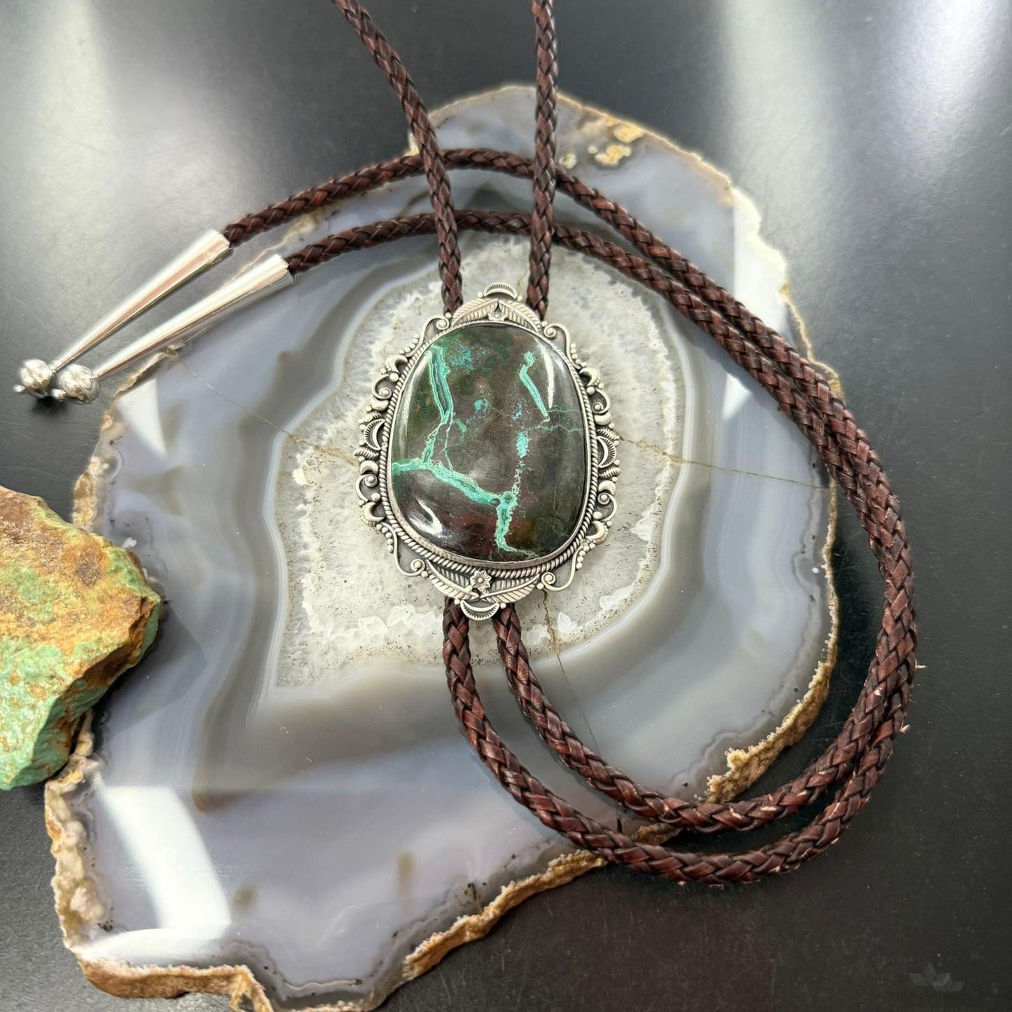 Sterling Silver Southwestern Style Oval Large Blackjack Turquoise Bolo Tie For Men