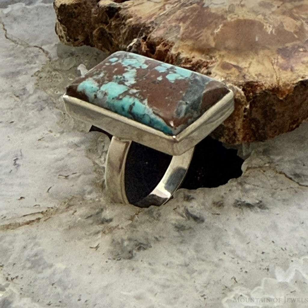 Sterling Silver Southwestern Style Rectangle Turquoise Ring Size 7.5 For Women