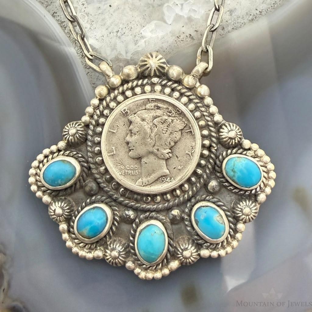 Sterling Silver Southwestern Style 1944 Mercury Dime & Kingman Turquoise Necklace For Women