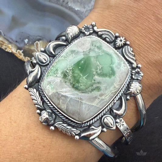 Sterling Silver Southwestern Style Square Variscite Decorated Bracelet For Women