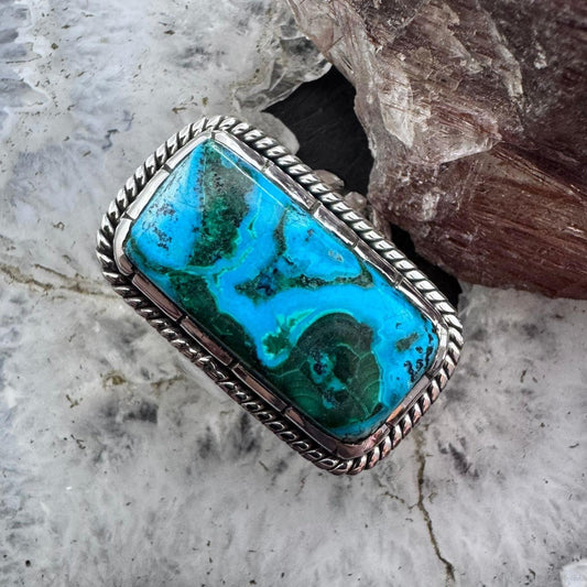 Sterling Silver Southwestern Style Elongated Rectangle Malachite Azurite Ring Size 10 For Women