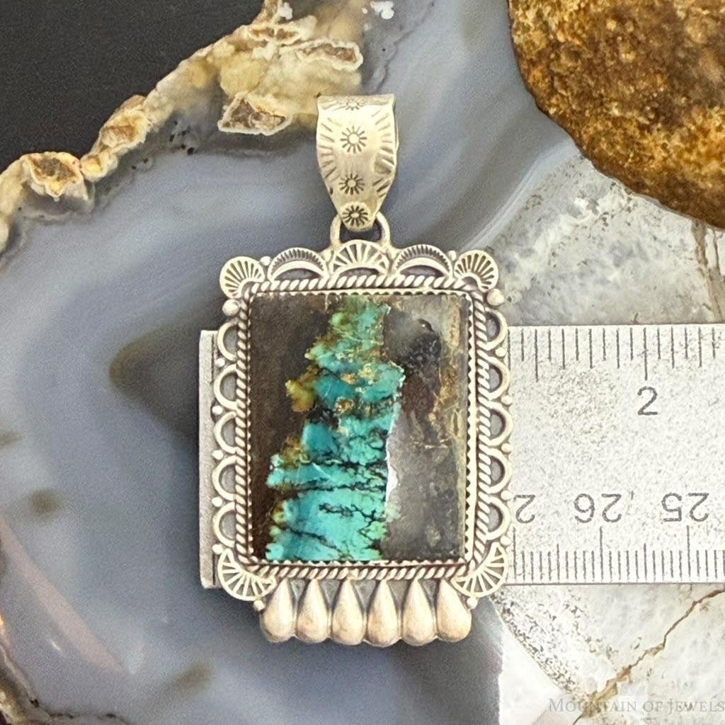 Sterling Silver Southwestern Style Rectangle Blackjack Turquoise Decorated Pendant #3