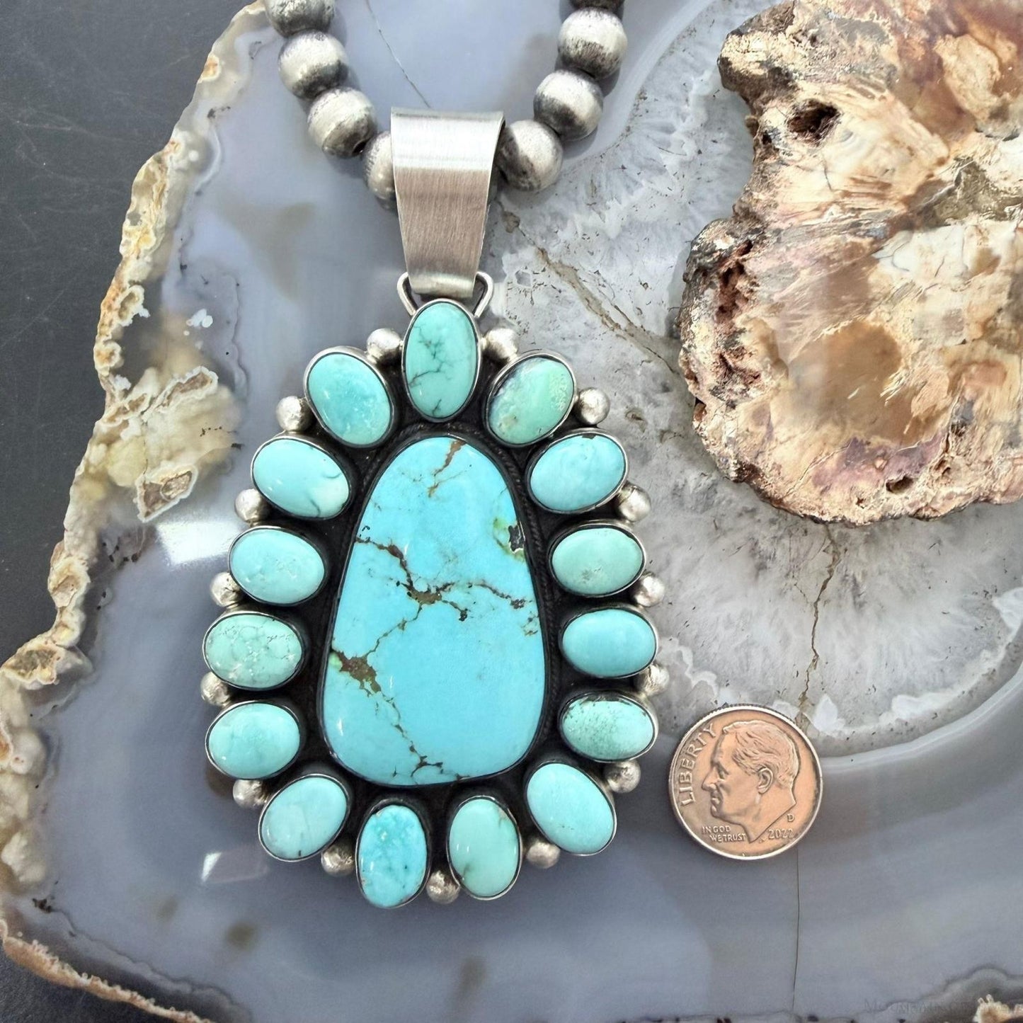 Antoinette Martinez Native American Sterling Silver Kingman Turquoise Cluster Pendant For Women