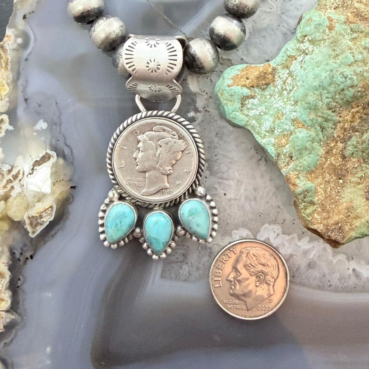 Genuine 1943 90% Silver Mercury Dime Coin w/Teardrop Turquoise Decorated Pendant