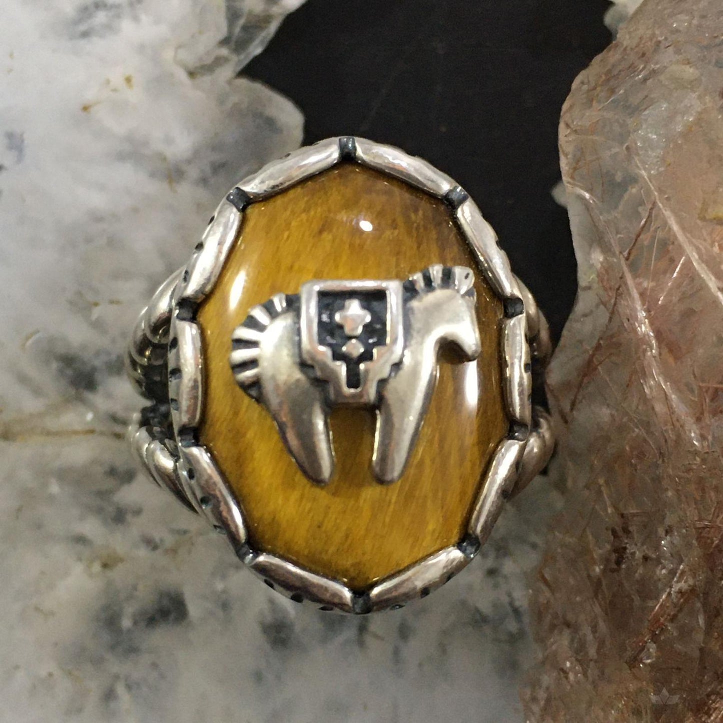 Carolyn Pollack Southwestern Style Sterling Silver Oval Tigers Eye w/Spirit Horse Ring For Women