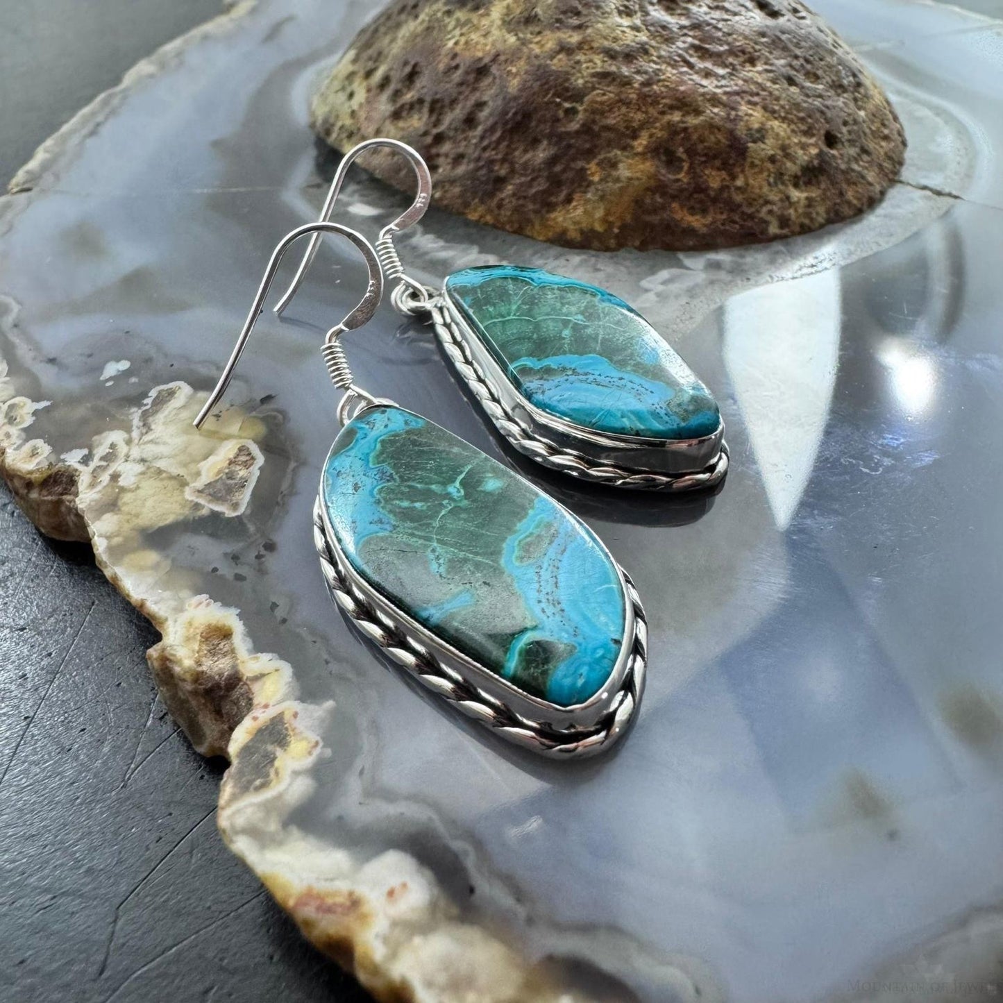 Sterling Silver Southwestern Style Tilde Malachite Azurite Dangle Earrings For Women