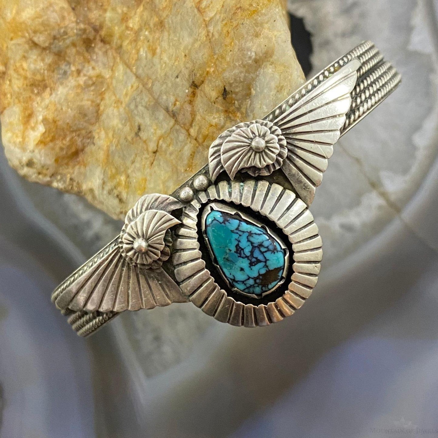 Vintage Native American Silver Teardrop Turquoise Decorated Bracelet For Women