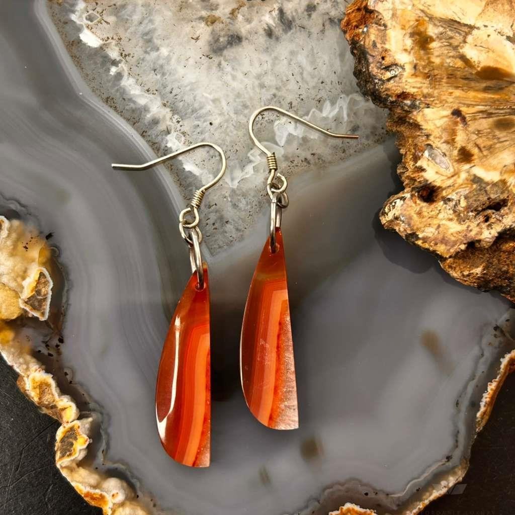 Sterling Silver Elongated Half Moon Carnelian Slab Dangle Earrings For Women 327