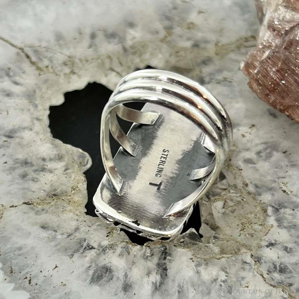 Native American Sterling Silver Rectangle Pink Conch Bar Ring Size 7 For Women