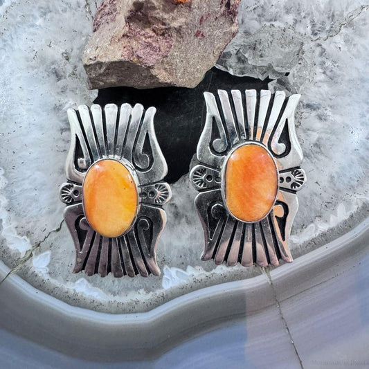 Abraham Begay Native American Sterling Silver Spiny Oyster Overlay Post Earrings For Women