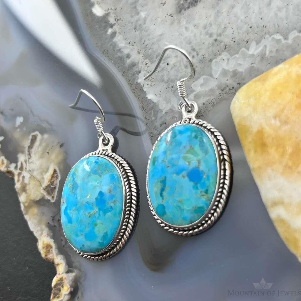 Sterling Silver Southwestern Style Oval Mojave Turquoise Dangle Earrings For Women