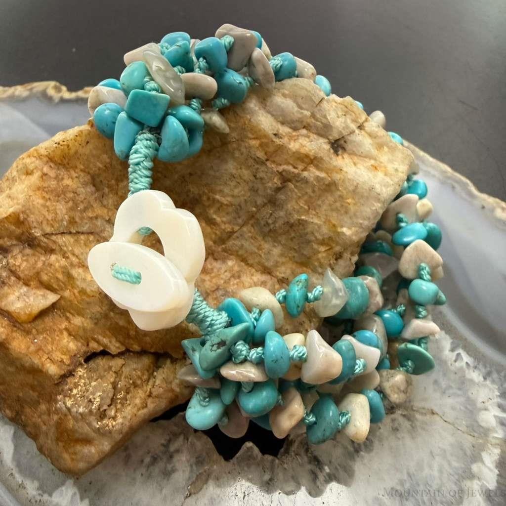 Sterling Silver Natural Turquoise and MOP Beads 6" Bracelet For Women