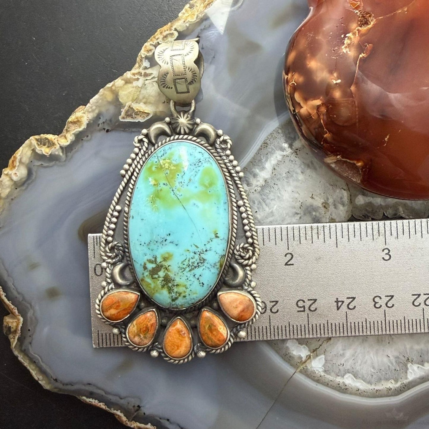 Sterling Silver Southwestern Style Oval Turquoise & Spiny Oyster Pendant For Women
