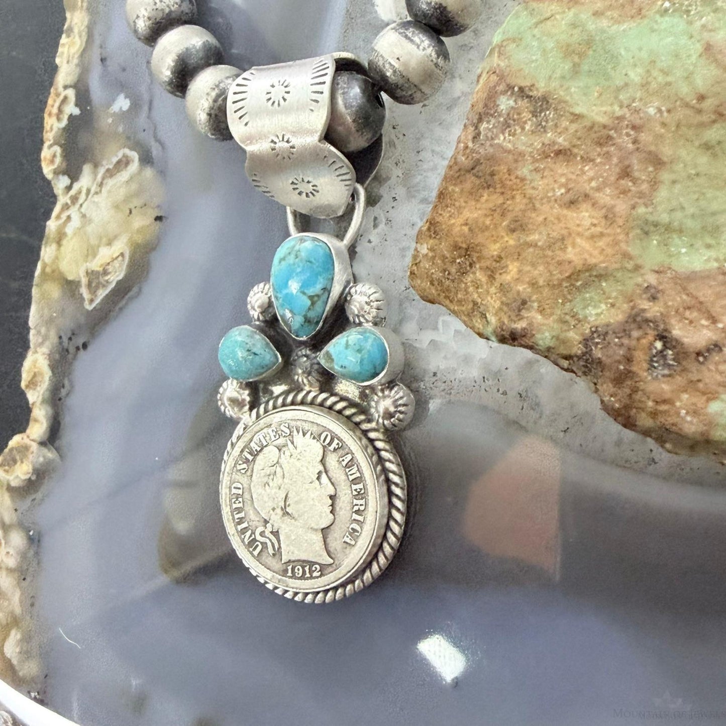 Genuine 1912 90% Silver Barber Head Dime Coin Mohave Turquoise Unisex Pendant