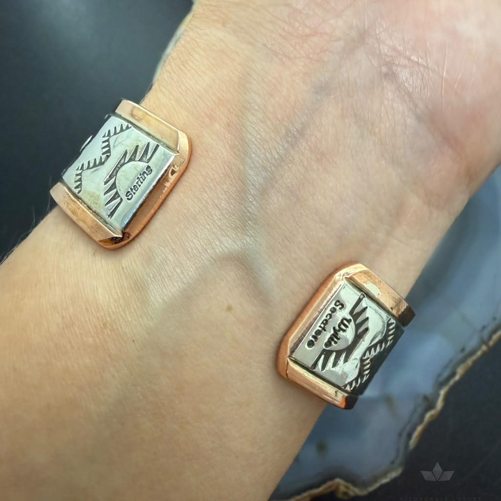 Wylie Secatero Navajo Sterling Silver & Copper Stamped Bracelet For Women