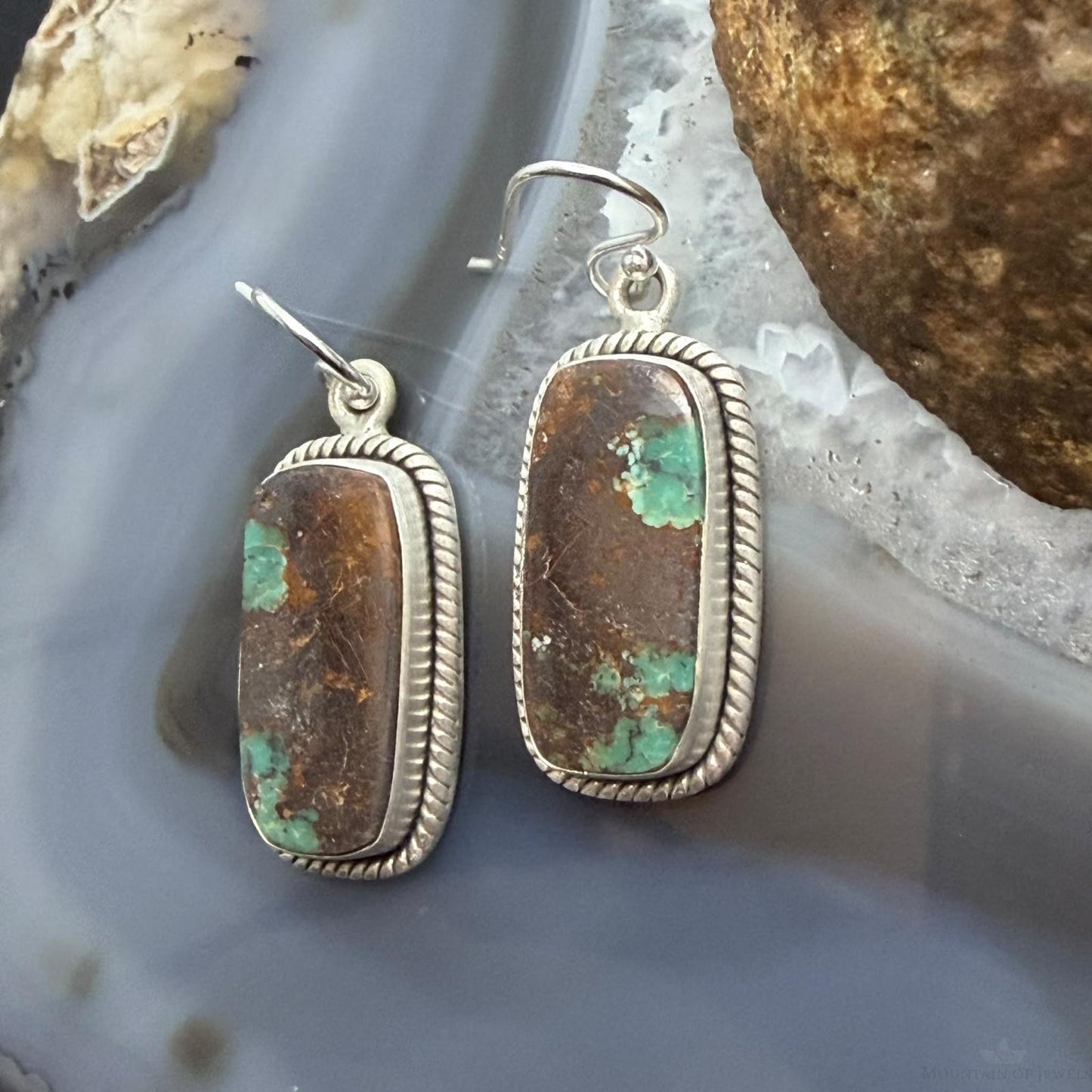 Sterling Silver Southwestern Style Rectangle Royston Turquoise Dangle Earrings For Women