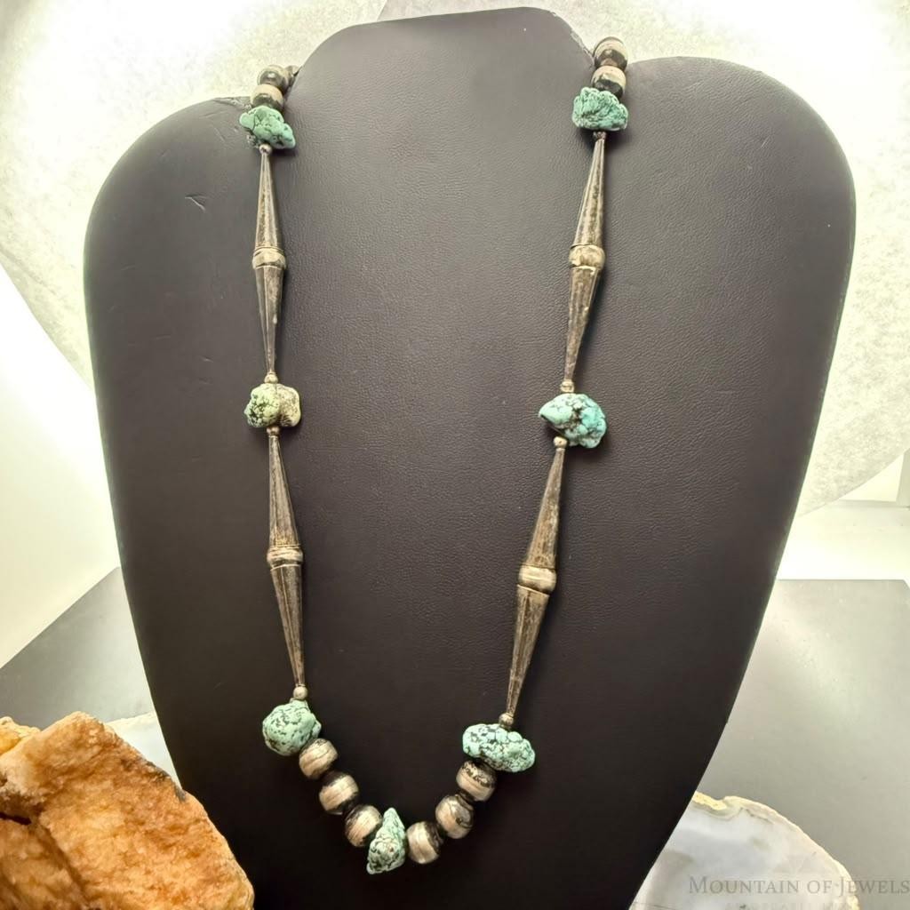 Vintage Native American Silver Navajo Pearl Bead, Cones, Turquoise 18" Necklace For Women