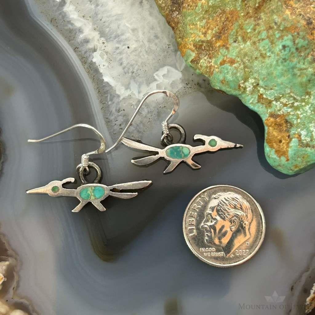 Vintage Silver Native American Roadrunner w/Turquoise Dangle Earrings For Women