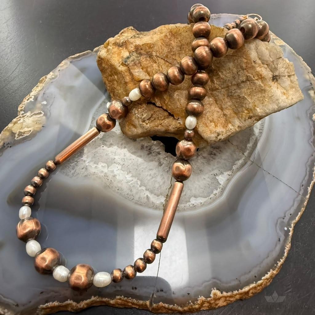Southwestern Style 4.5-9mm Copper Navajo Pearl & Cylinder w/Freshwater Pearl 20" Necklace For Women