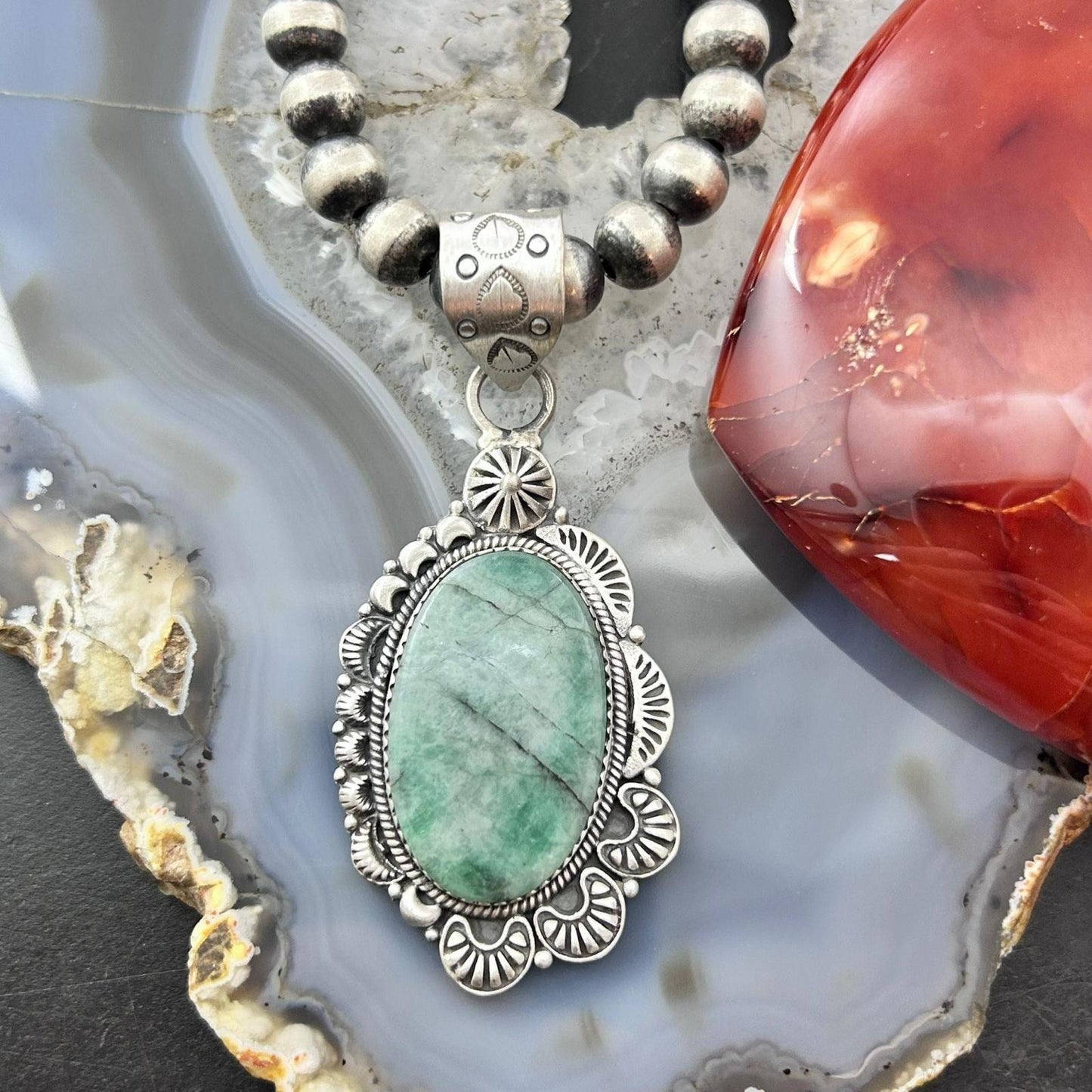 Sterling Silver Southwestern Style Oval Emerald Decorated Pendant For Women