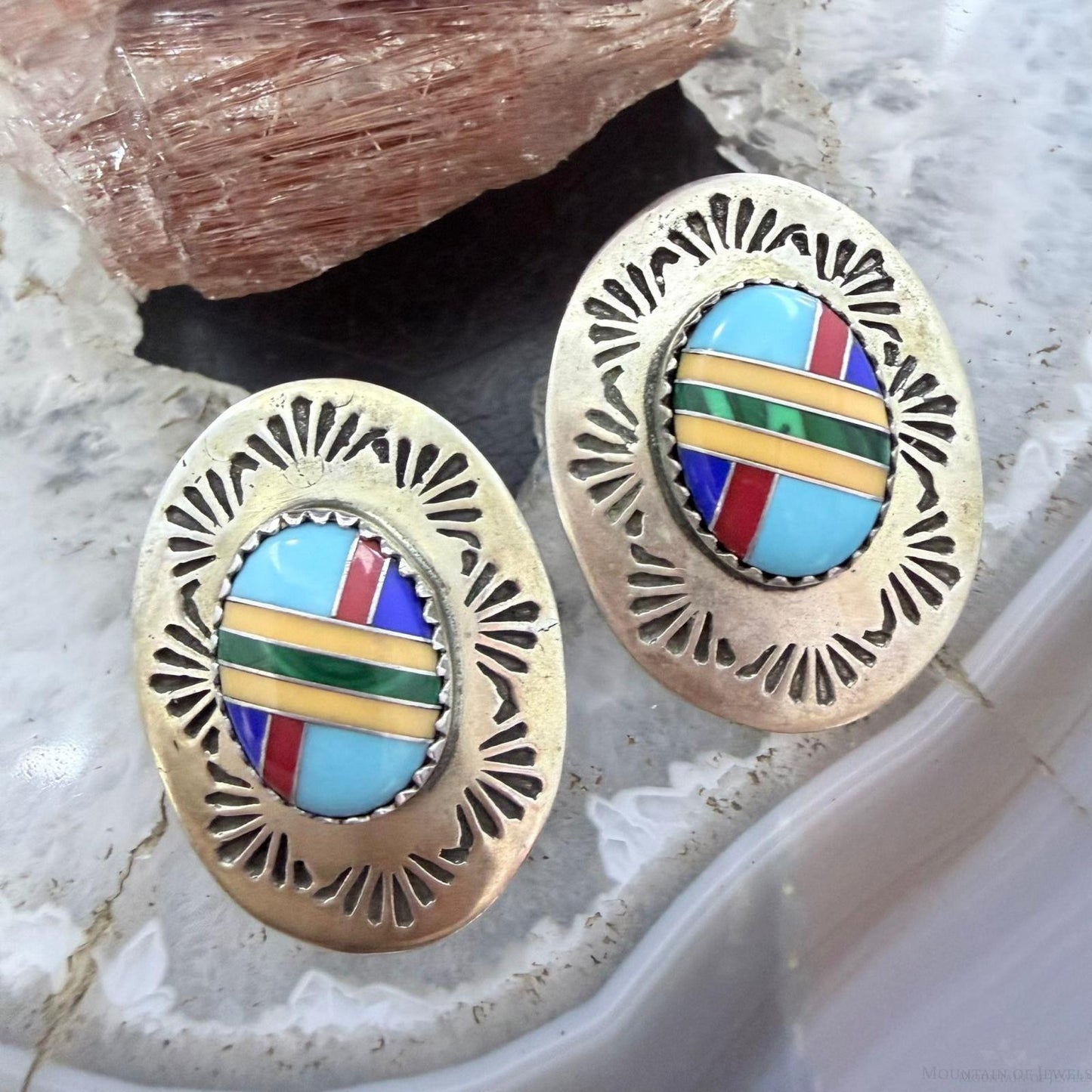 Signed Native American Sterling Silver Multi Stone Inlay Post Earrings For Women
